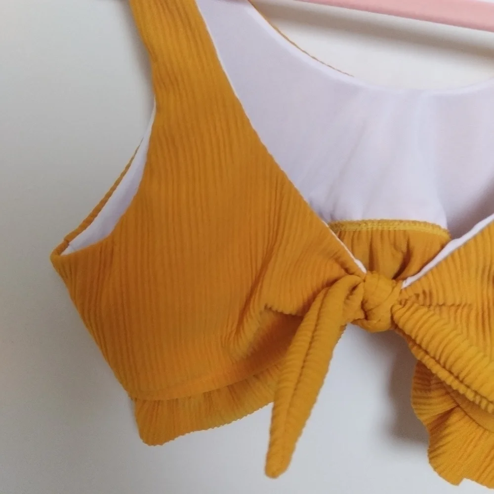 Shein Mustard Yellow Ribbed Bow Detail Bikini Top Size Small